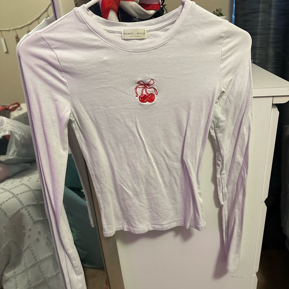 White Long Sleeve Top with Cherry Detail
